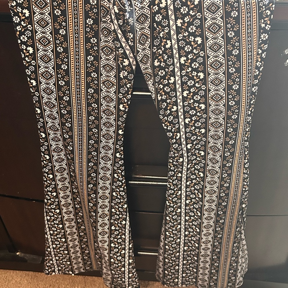 Patterned Black and White Boot Cut Pants